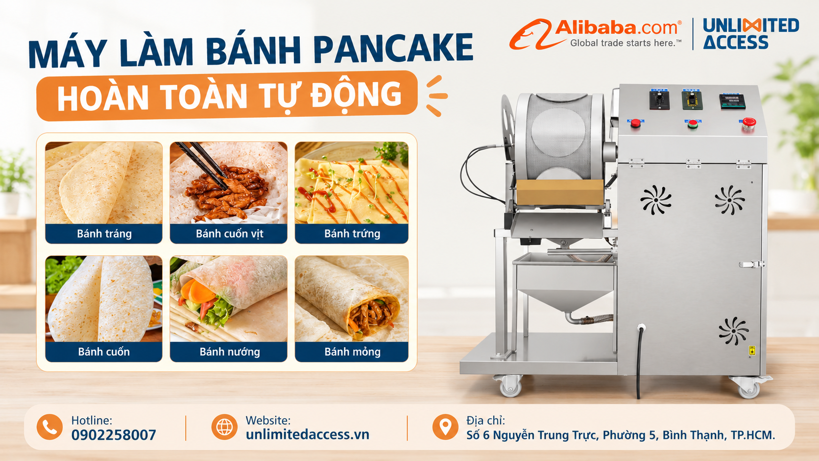 Máy làm bánh pancake hoàn toàn tự động, năng suất 700–1.000 bánh mỗi giờ