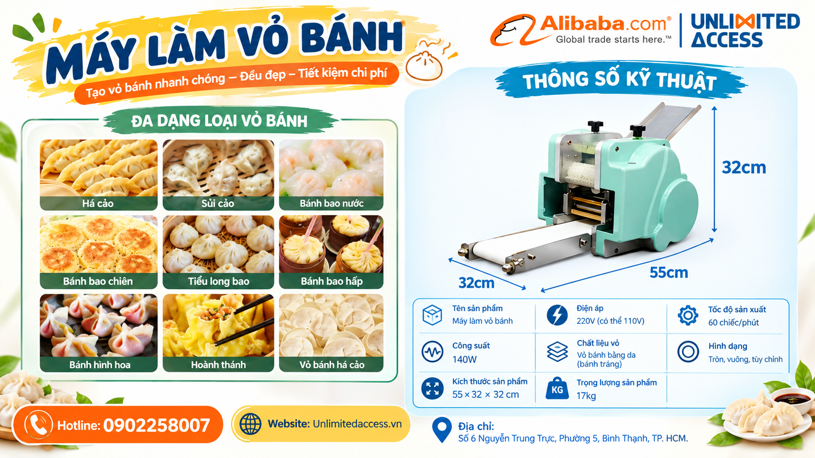 Máy làm vỏ bánh tự động, hỗ trợ tạo vỏ há cảo, sủi cảo và bánh bao với khuôn đa dạng