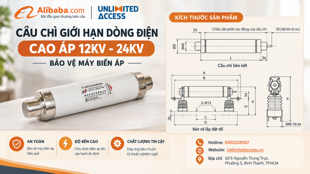 Cầu chì giới hạn dòng điện cao áp 12kV–24kV dùng để bảo vệ máy biến áp.